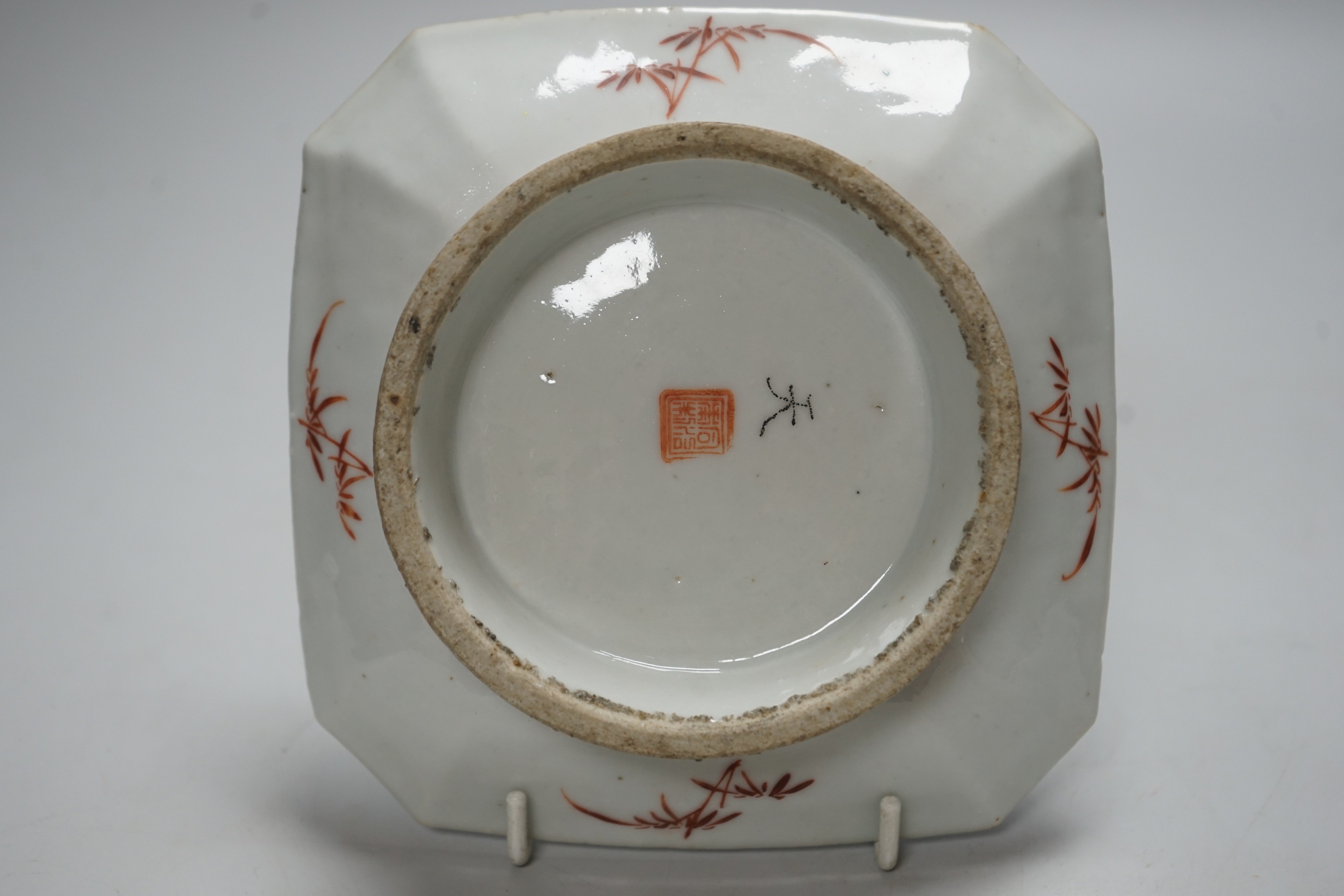 A Chinese enamelled porcelain dish, late 19th century, 15.5 cm, and a bowenite carved figure